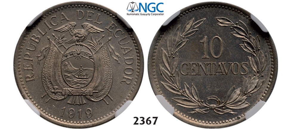 05.05.2013, Auction 2/2367. Ecuador, 10 Centavos 1919, Copper-Nickel, NGC MS64