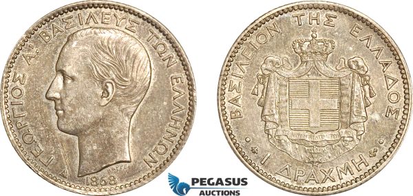 A6/137, Greece, George I, Drachma 1868 A, Paris Mint, Silver, KM# 38, Cleaned long ago, now re-toned, EF