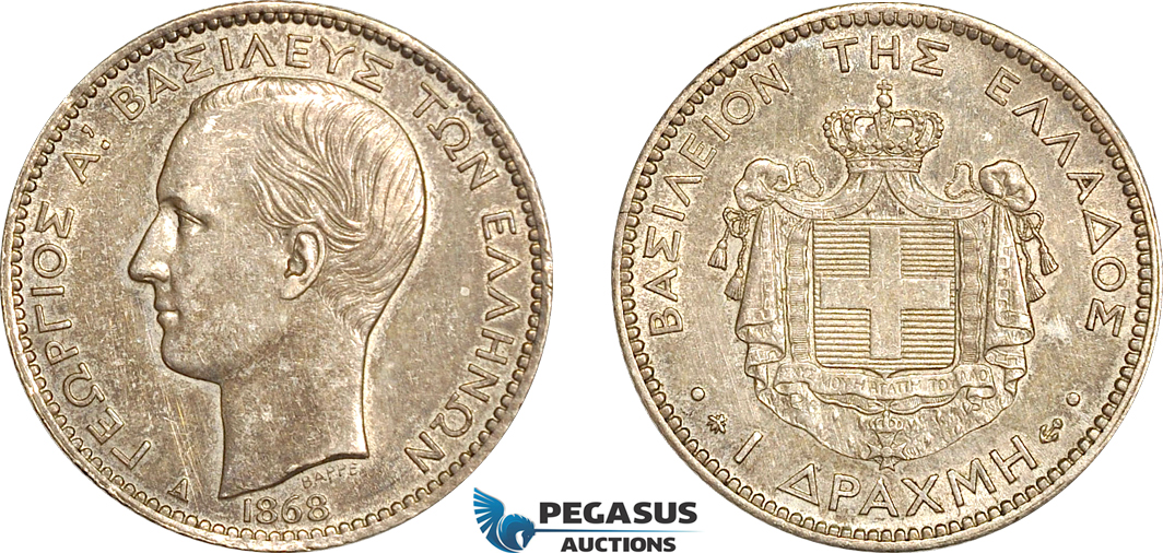 A6/137, Greece, George I, Drachma 1868 A, Paris Mint, Silver, KM# 38, Cleaned long ago, now re-toned, EF