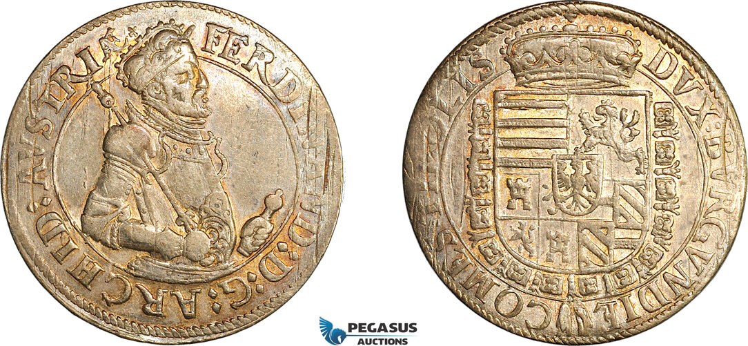 A7/17, Austria, Archduke Ferdinand, Taler ND (1564-95) Hall Mint, Silver (28.45 g) Dav-8094 var., Magenta/blue toning, some adjustments, EF