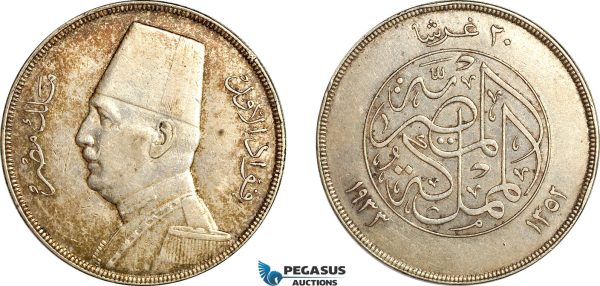 A7/176, Egypt, Fuad, 20 Piastres AH1352//1933, London Mint, Silver, KM# 352, Dark toning! VF-EF
