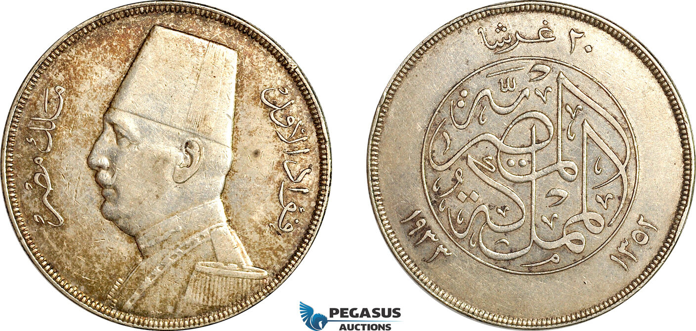 A7/176, Egypt, Fuad, 20 Piastres AH1352//1933, London Mint, Silver, KM# 352, Dark toning! VF-EF