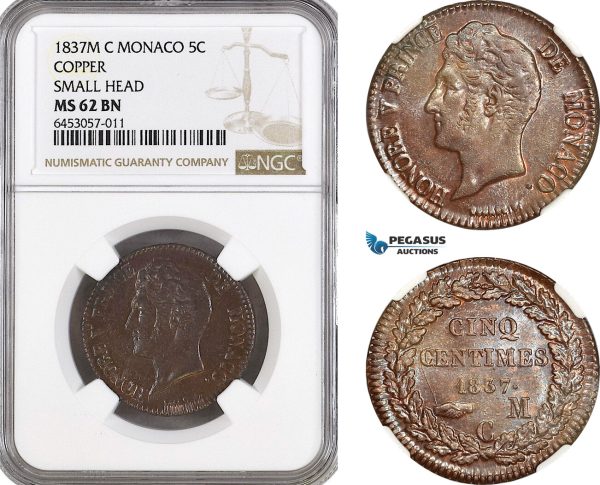 A6/181, Monaco, Honore V, 5 Centimes 1837 M, Copper, Small Head, KM# 95.1, Very flashy! NGC MS62BN
