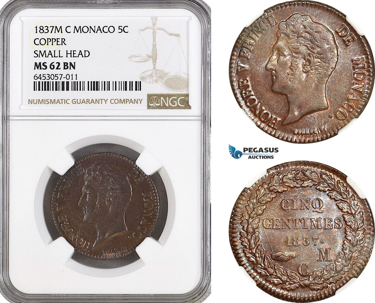 A6/181, Monaco, Honore V, 5 Centimes 1837 M, Copper, Small Head, KM# 95.1, Very flashy! NGC MS62BN