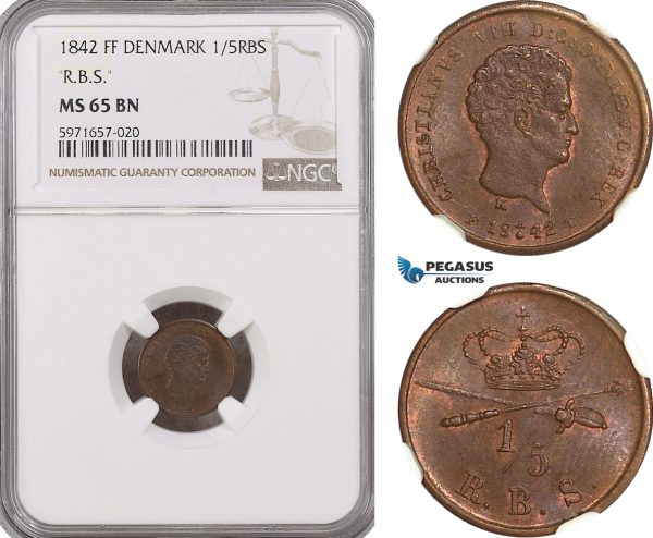 A5/220 Denmark, Christian VIII, 1/5 Rigsbankskilling 1842 FF, Copenhagen Mint, "RBS" H 11B, NGC MS65BN, Top Pop!