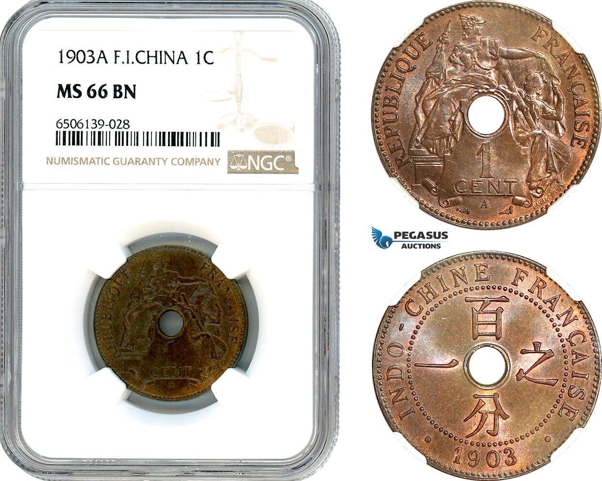 A7-224, French Indo-China, 1 Centime 1903 A, Paris Mint, KM# 8, Brilliant Mint luster, NGC MS66BN, Top Pop!