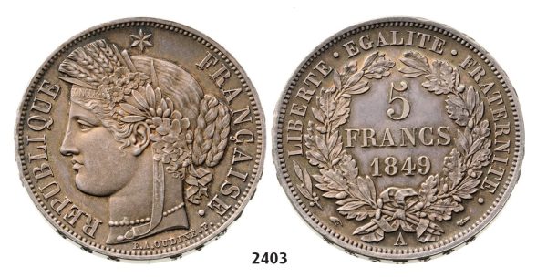 2403. France, Second Republic, 1848-1852 , 5 Francs 1849-A, Paris, Silver, Prooflike!