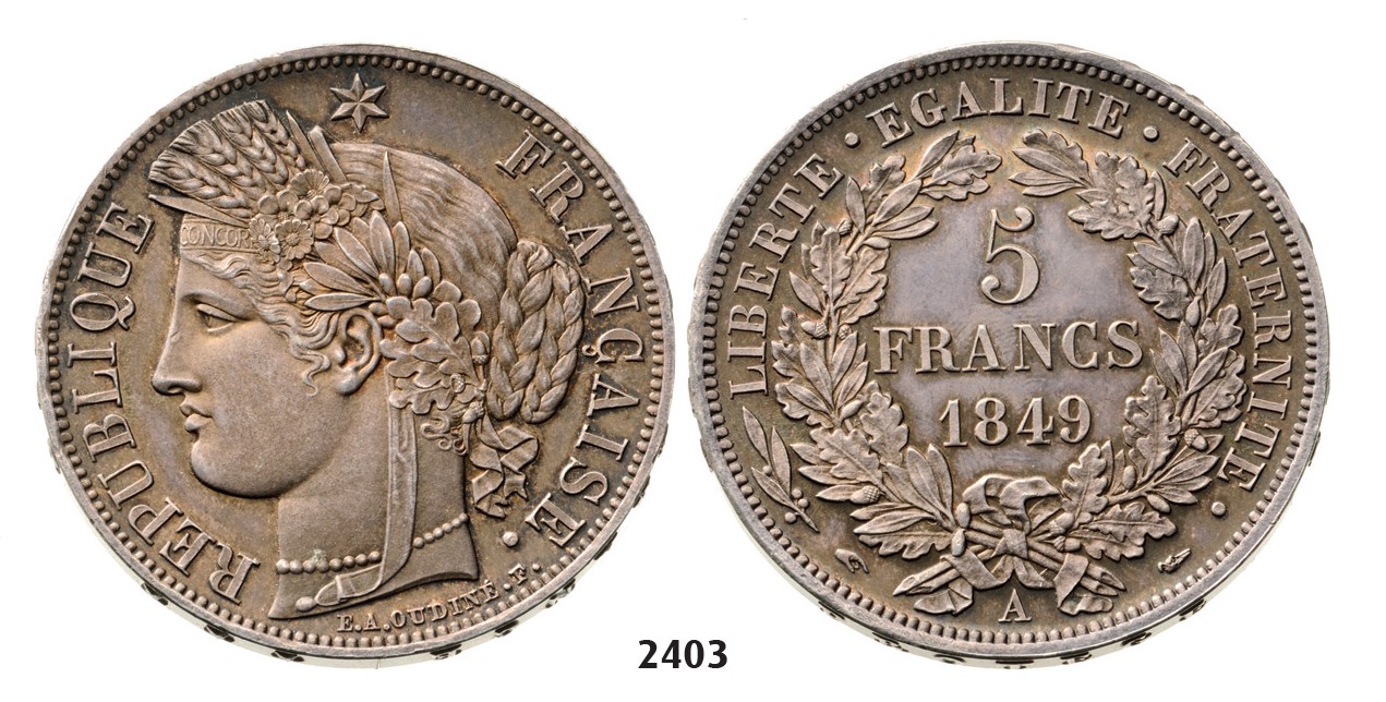 2403. France, Second Republic, 1848-1852 , 5 Francs 1849-A, Paris, Silver, Prooflike!