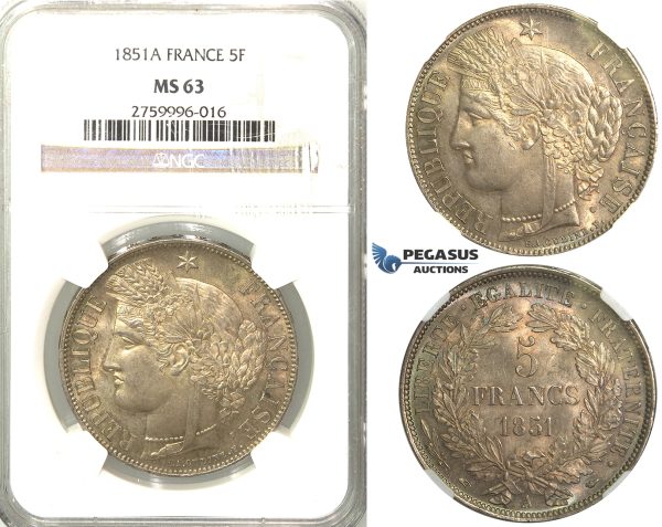 2404. France, Second Republic, 1848-1852 , 5 Francs 1851-A, Paris, Silver, NGC MS63