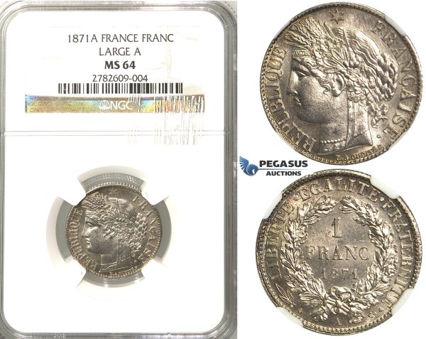 2432. France, Third Republic, 1871-1940, Franc 1871-A (Large A) Paris, Silver, NGC MS64