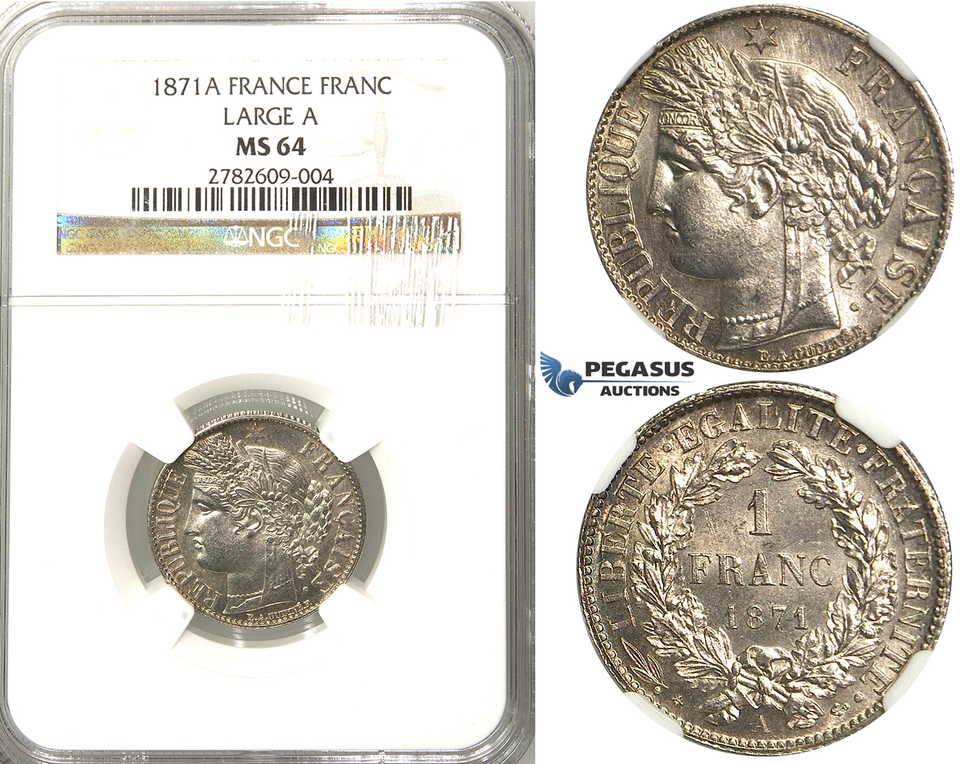 2432. France, Third Republic, 1871-1940, Franc 1871-A (Large A) Paris, Silver, NGC MS64