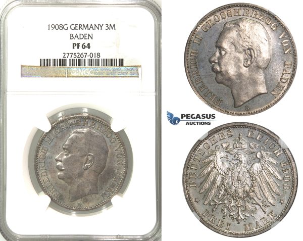 2462. Germany, Empire, local coinage, Baden, 3 Mark 1908-G, Stuttgart, Silver, NGC PF64