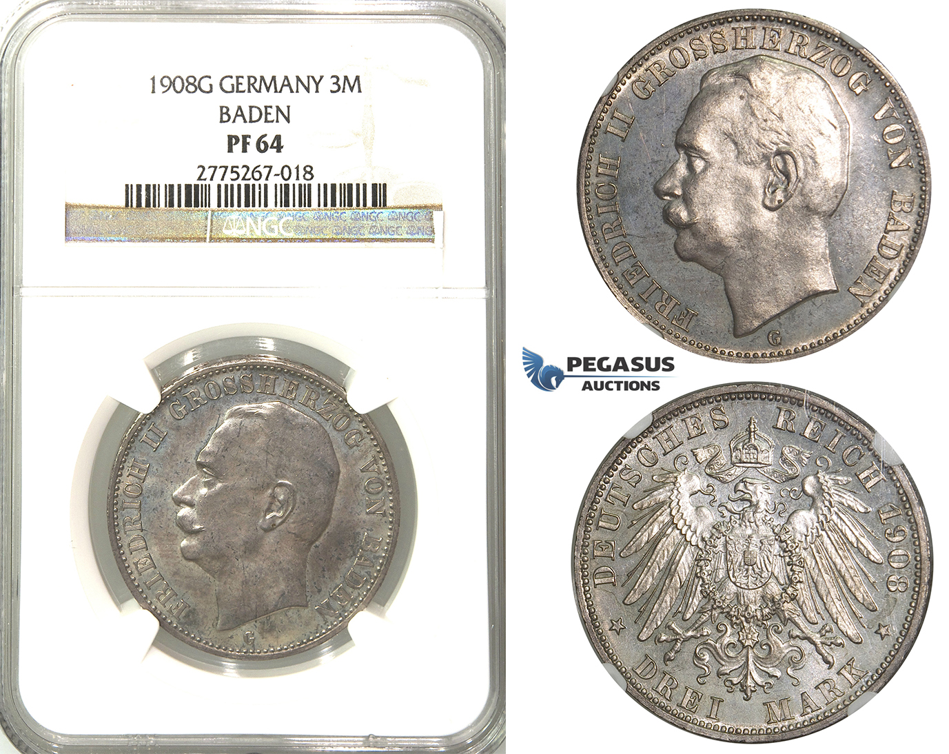 2462. Germany, Empire, local coinage, Baden, 3 Mark 1908-G, Stuttgart, Silver, NGC PF64
