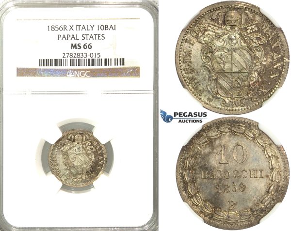 2566. Italy, Papal States, Pius IX, 1846-1878, 10 Baiocchi 1856 (X) –R, Rome, Silver, NGC MS66