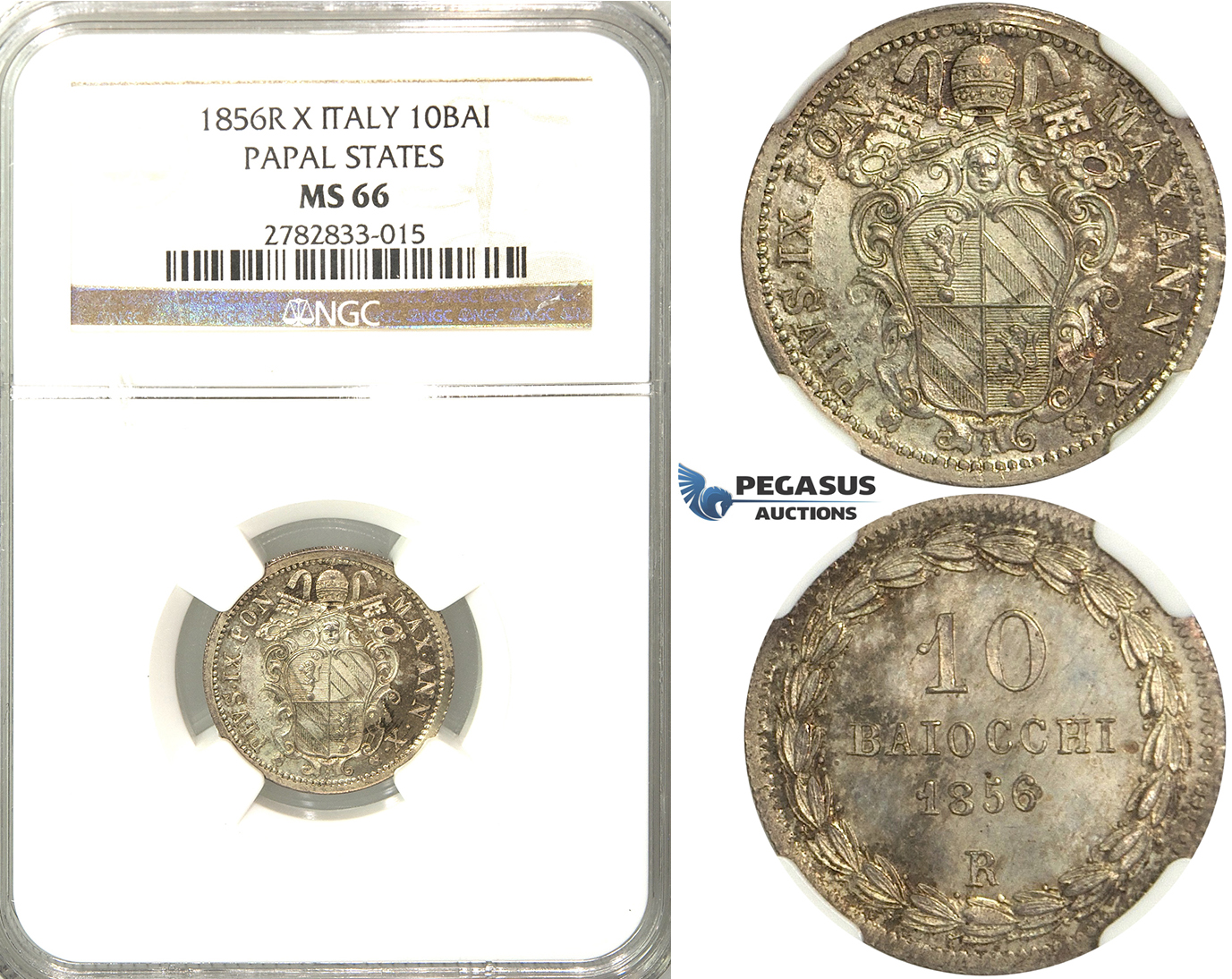 2566. Italy, Papal States, Pius IX, 1846-1878, 10 Baiocchi 1856 (X) –R, Rome, Silver, NGC MS66
