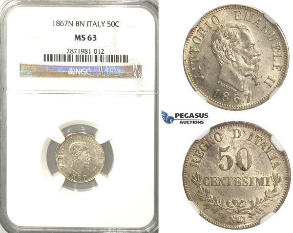 2600. Italy, Kingdom, Vittorio Emanuele II, 1861-1878, 50 Centesimi 1867-N/BN, Naples, Silver, NGC MS63