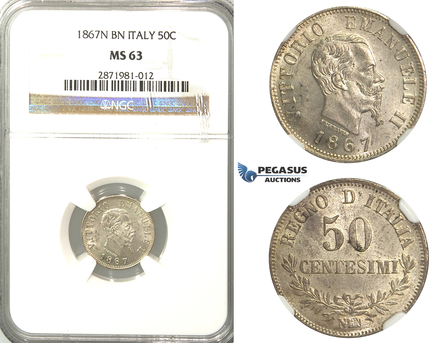 2600. Italy, Kingdom, Vittorio Emanuele II, 1861-1878, 50 Centesimi 1867-N/BN, Naples, Silver, NGC MS63
