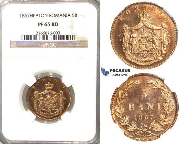 2837. Romania, Carol I, 1866-1914, 5 Bani 1867 Heaton, Birmingham, Copper, NGC PF65RD