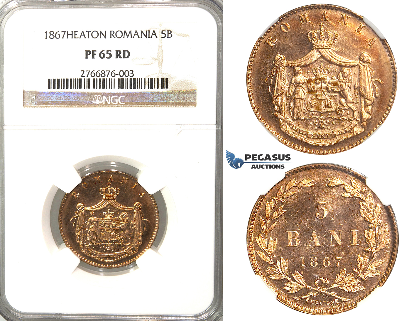 2837. Romania, Carol I, 1866-1914, 5 Bani 1867 Heaton, Birmingham, Copper, NGC PF65RD