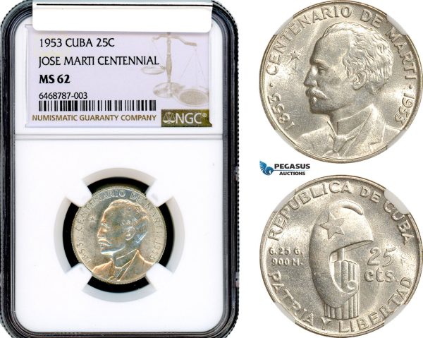 AH284, Cuba, 25 Centavos 1953, Jose Marti Centennial, Silver, NGC MS62