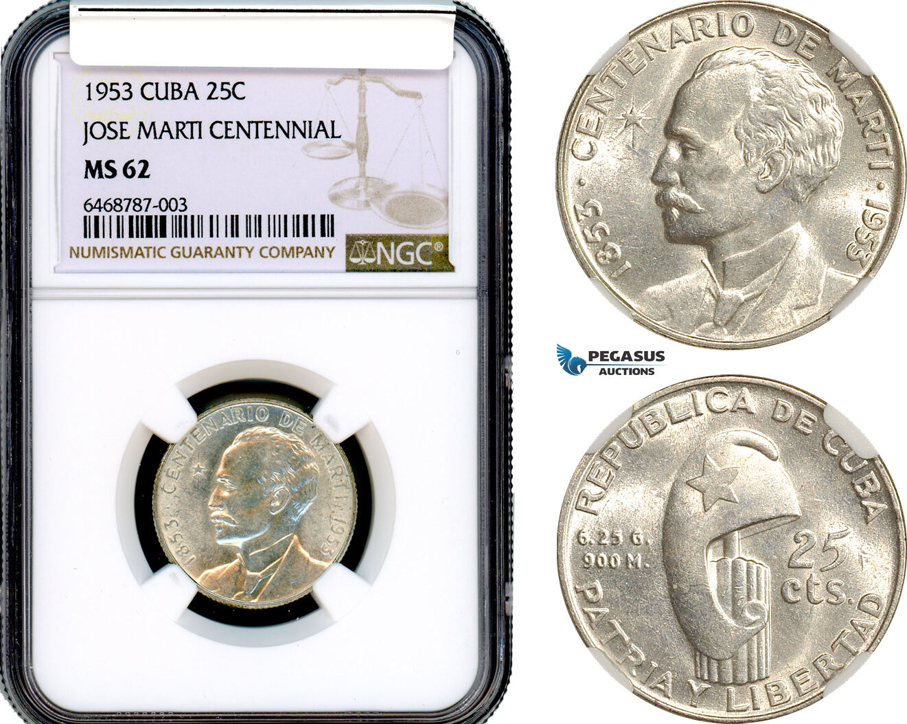 AH284, Cuba, 25 Centavos 1953, Jose Marti Centennial, Silver, NGC MS62