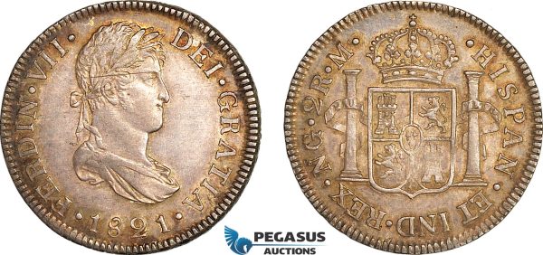 A7/297, Guatemala, Ferdinand VII, 2 Reales 1821 NG M, Nueva Guatemala Mint, Silver, KM# 67, Light scratch, old cabinet toning! EF