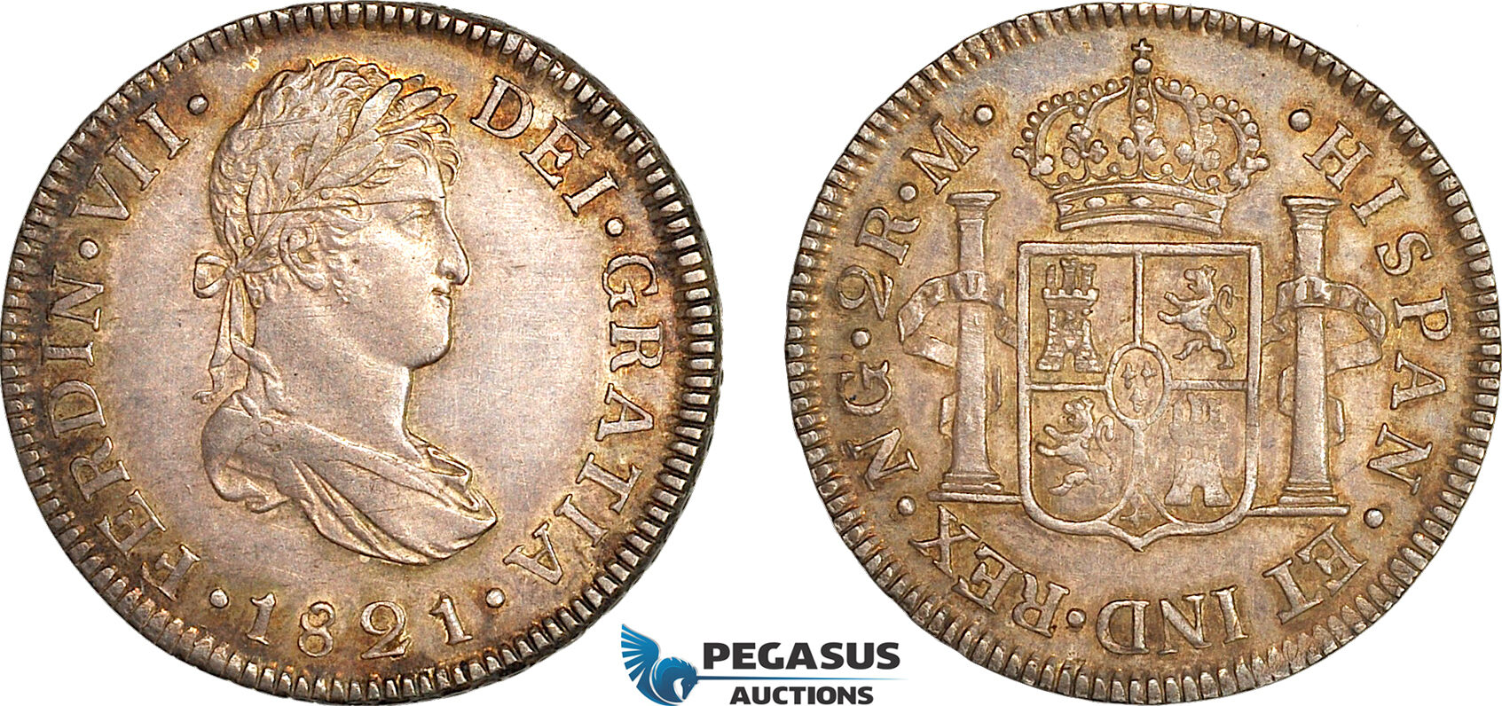 A7/297, Guatemala, Ferdinand VII, 2 Reales 1821 NG M, Nueva Guatemala Mint, Silver, KM# 67, Light scratch, old cabinet toning! EF