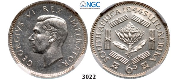 3022. South Africa, Union of South Africa, George VI, 1936-­1952, 6 Pence 1944, Pretoria, Silver, NGC PF63