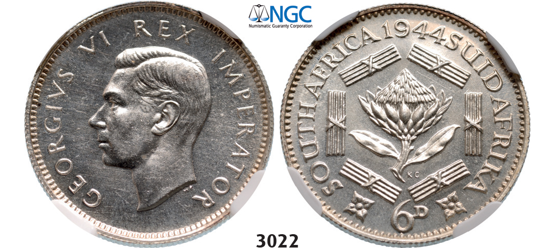 3022. South Africa, Union of South Africa, George VI, 1936-­1952, 6 Pence 1944, Pretoria, Silver, NGC PF63
