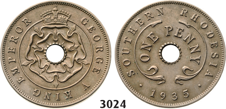 3024. Southern Rhodesia (Zimbabwe), George V, 1910-­1936, Penny 1935, Copper-­Nickel