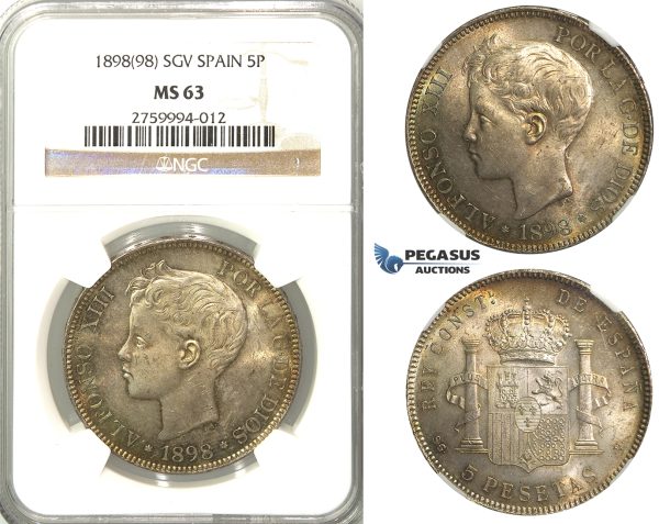 3031. Spain, Alfonso XIII, 1886­-1931, 5 Pesetas 1898 (98) SG­V, Valencia, Silver, NGC MS63