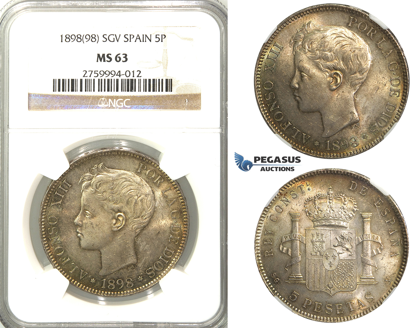 3031. Spain, Alfonso XIII, 1886-1931, 5 Pesetas 1898 (98) SGV, Valencia, Silver, NGC MS63