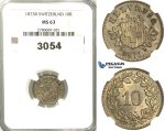 3054. Switzerland, Helvetian Republic, 10 Rappen 1873-B, Bern, Silver, NGC MS63