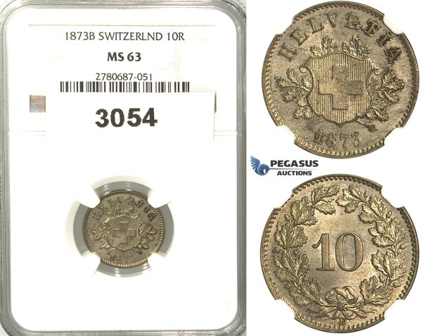 3054. Switzerland, Helvetian Republic, 10 Rappen 1873­-B, Bern, Silver, NGC MS63