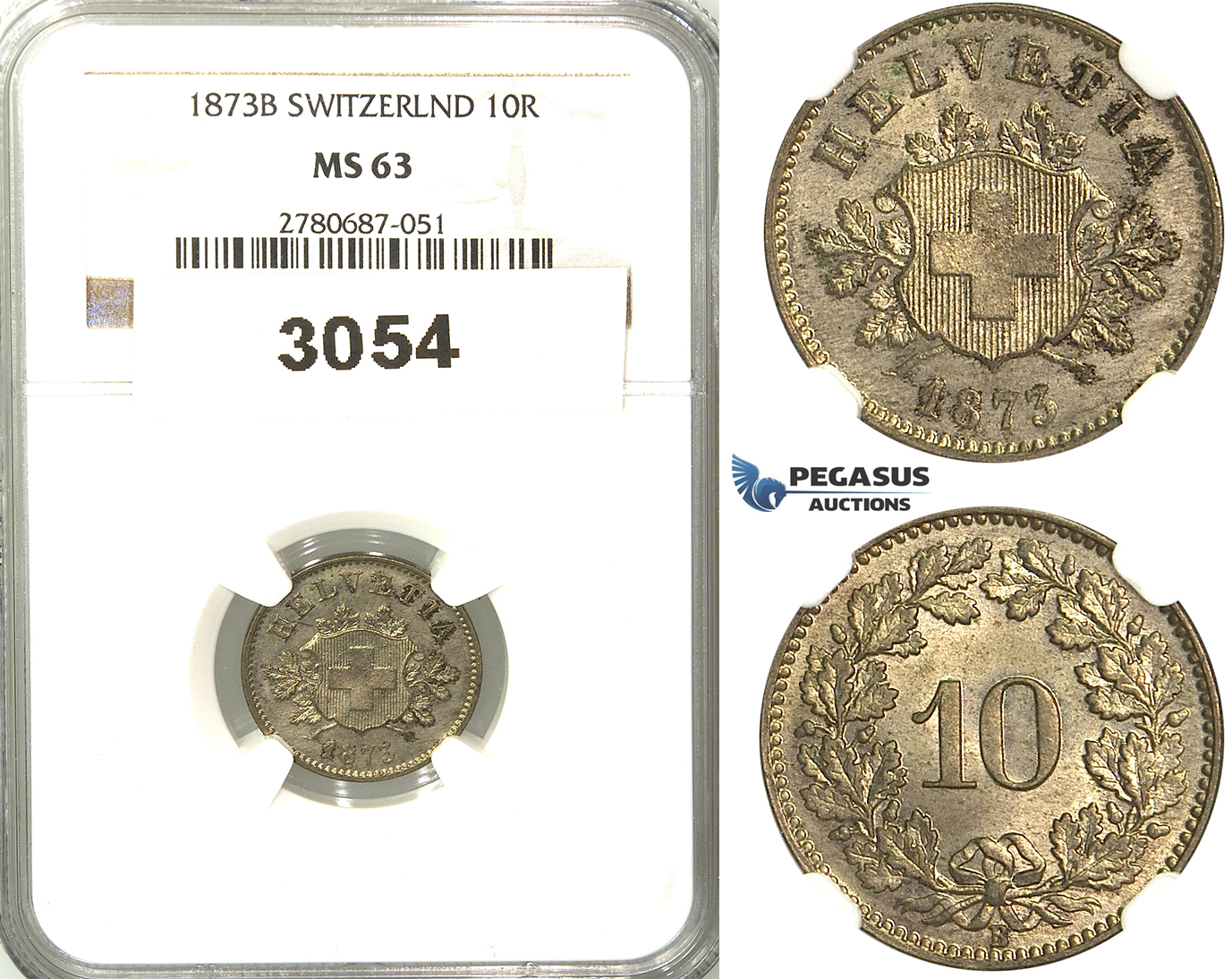 3054. Switzerland, Helvetian Republic, 10 Rappen 1873-B, Bern, Silver, NGC MS63