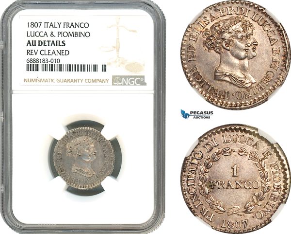 A10-315, Italy, Lucca & Piombino, Felice Baciocchi & Elisa Bonaparte, 1 Franco 1807, Florence Mint, Silver, KM# 23, Old cabinet toning, NGC AU Details "Cleaned"