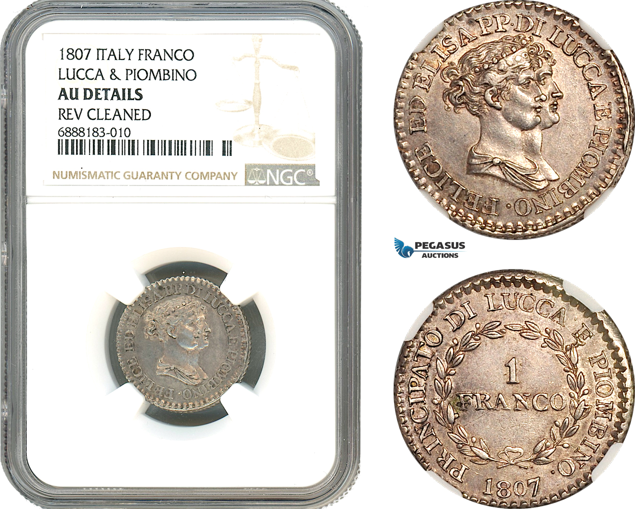 A10-315, Italy, Lucca & Piombino, Felice Baciocchi & Elisa Bonaparte, 1 Franco 1807, Florence Mint, Silver, KM# 23, Old cabinet toning, NGC AU Details "Cleaned"