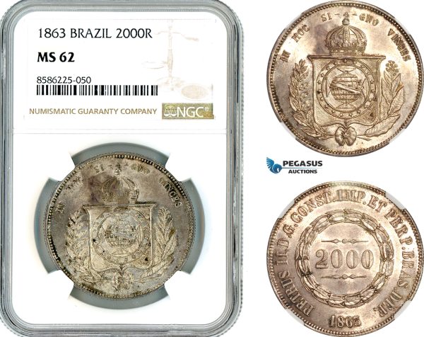 AL315, Brazil, Pedro II, 2000 Reis 1863, Rio de Janeiro Mint, Silver, NGC MS62