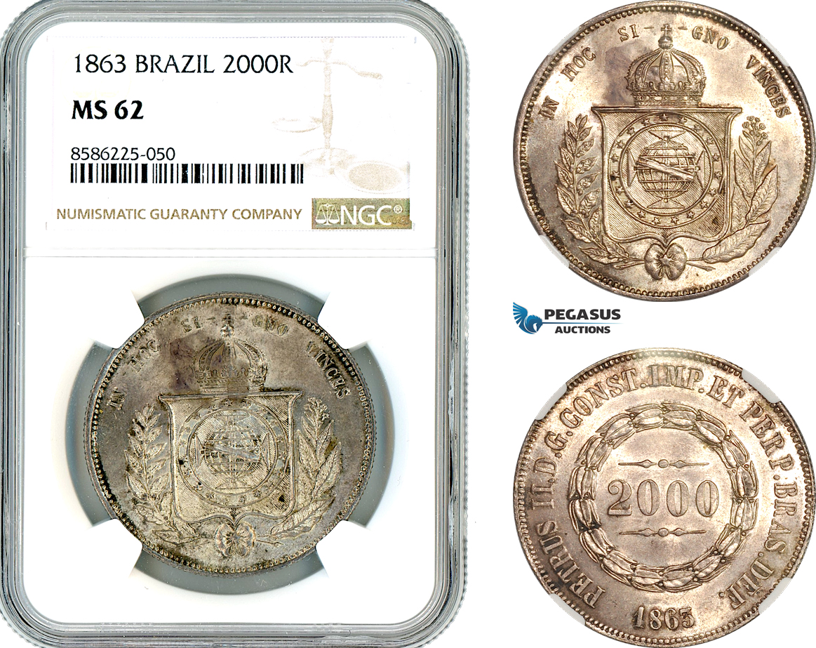 AL315, Brazil, Pedro II, 2000 Reis 1863, Rio de Janeiro Mint, Silver, NGC MS62