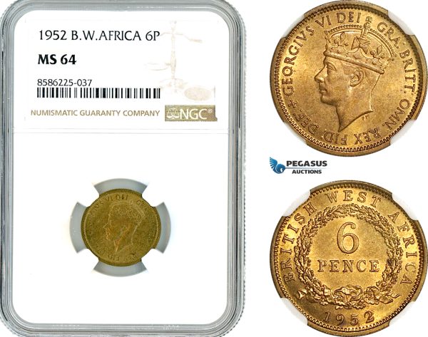 AL316, British West Africa, George VI, 6 Pence 1952, NGC MS64, Rare key date!