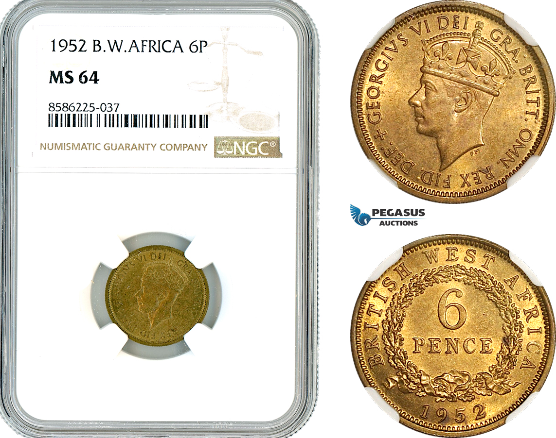 AL316, British West Africa, George VI, 6 Pence 1952, NGC MS64, Rare key date!
