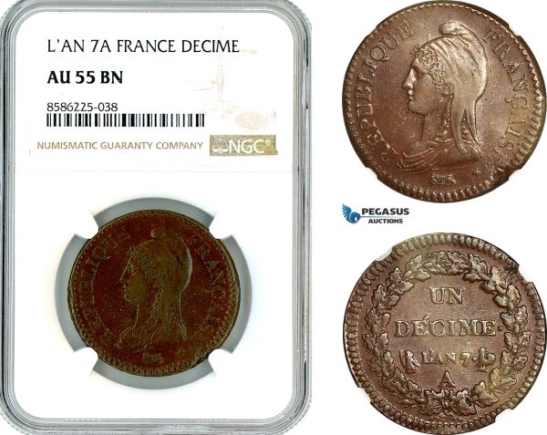 AL317, France, First Republic, 1 Decime L'An 7 A, Paris Mint, NGC AU55BN