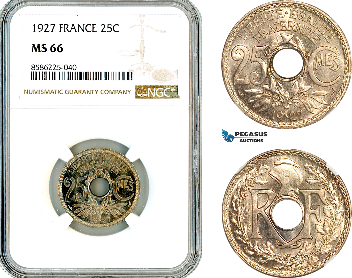 AL319, France, Third Republic, 25 Centimes 1927, Paris Mint, NGC MS66, Top Pop and single finest graded!