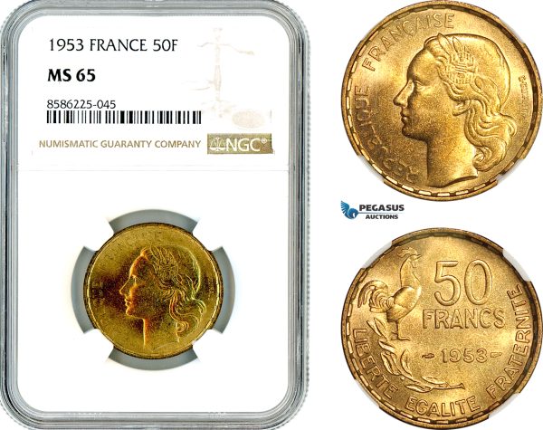 AL324, France, Fourth Republic, 50 Francs 1953, Paris Mint, NGC MS65