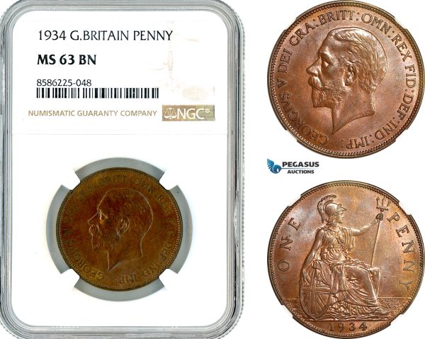 AL326, Great Britain, George V, 1 Penny 1934, London Mint, NGC MS63BN