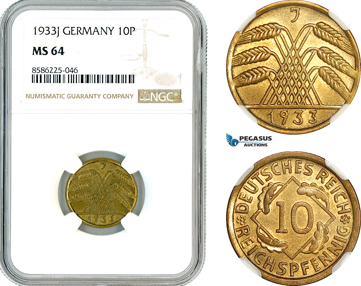 AL327, Germany, 10 Reichspfennig 1933 J, Hamburg Mint, NGC MS64