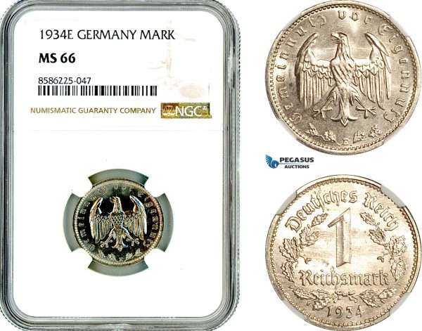 AL328, Germany, Third Reich, 1 Reichsmark 1934 E, Muldenhütten Mint, NGC MS66, Top Pop and single finest!