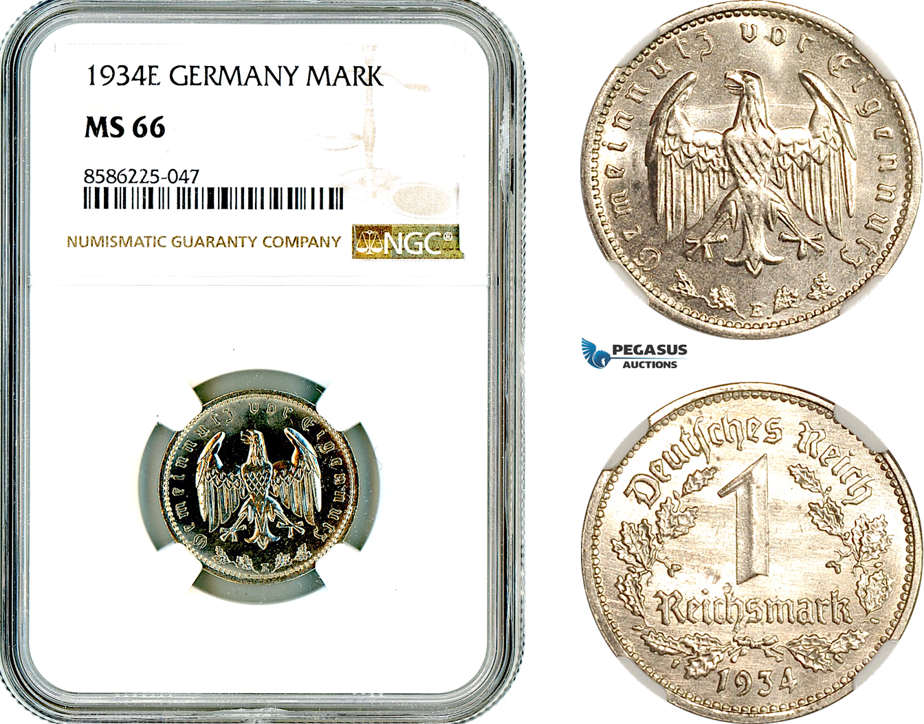 AL328, Germany, Third Reich, 1 Reichsmark 1934 E, Muldenhütten Mint, NGC MS66, Top Pop and single finest!