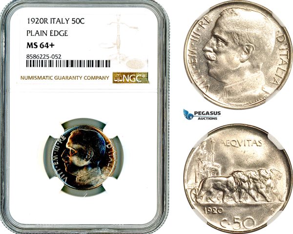 AL330, Italy, Vit. Emanuele III, 50 Centesimi 1920 R, Rome Mint, Plain edge, NGC MS64+