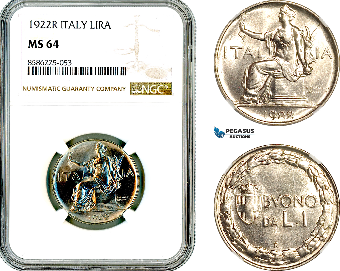 AL331, Italy, Vit. Emanuele III, 1 Lira 1922 R, Rome Mint, NGC MS64